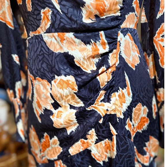 Rebecca Taylor Navy Coral Floral Print Silk Blend Long Sleeve Dress Size 4 - Picture 6 of 8